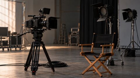 Filmová kamera a prázdna režisérska stolička v tichom štúdiu