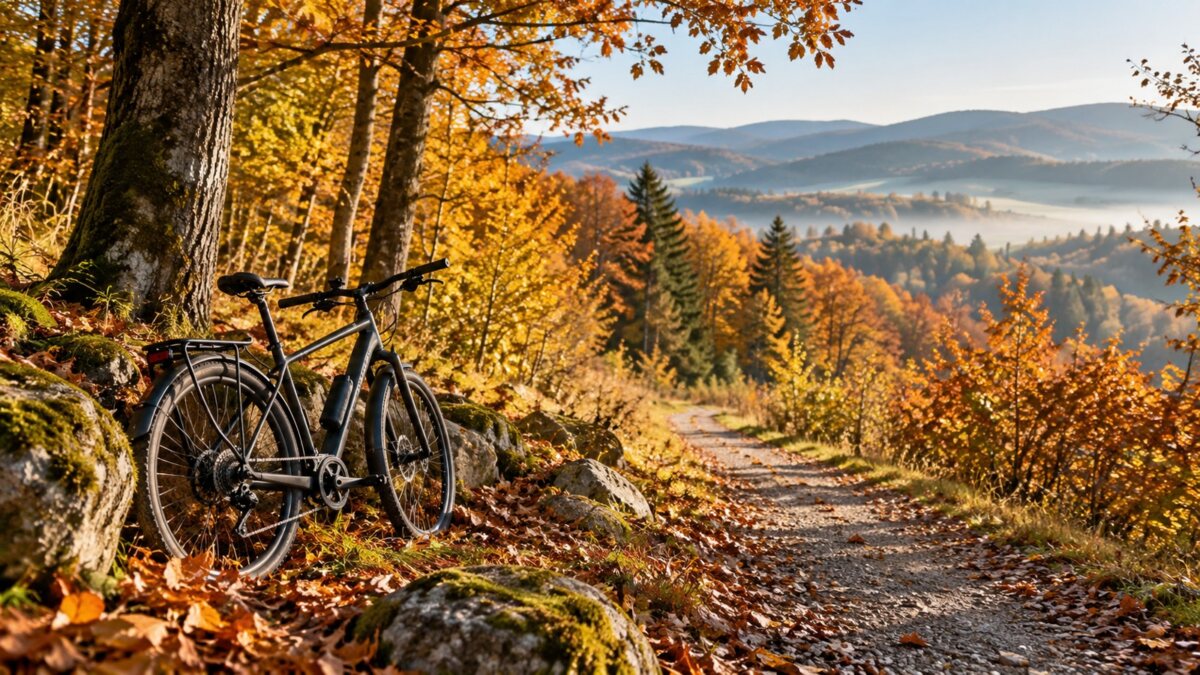 Bicykel pri lesnej ceste s jesenným lístím a kopcami v pozadí