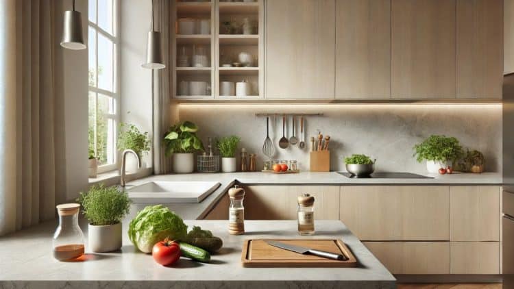 Minimalistická moderná kuchynská linka s čistou pracovnou plochou, čerstvou zeleninou, bylinkami a elegantným usporiadaním kuchynského náčinia.