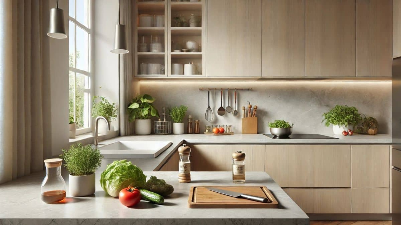 Minimalistická moderná kuchynská linka s čistou pracovnou plochou, čerstvou zeleninou, bylinkami a elegantným usporiadaním kuchynského náčinia.