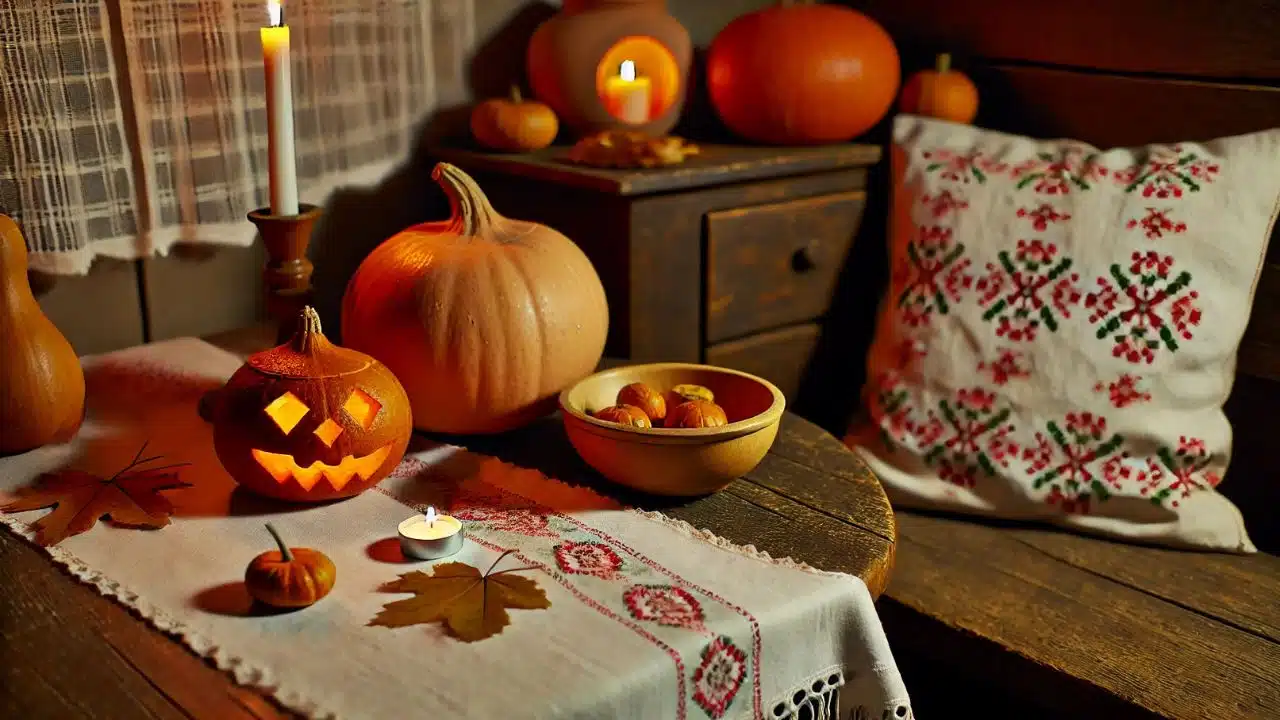 Útulná slovenská miestnosť so sviečkami a vyrezávanou tekvicou na Halloweenskú oslavu, dekorovaná tradičnými slovenskými prvkami a ľudovou výšivkou.