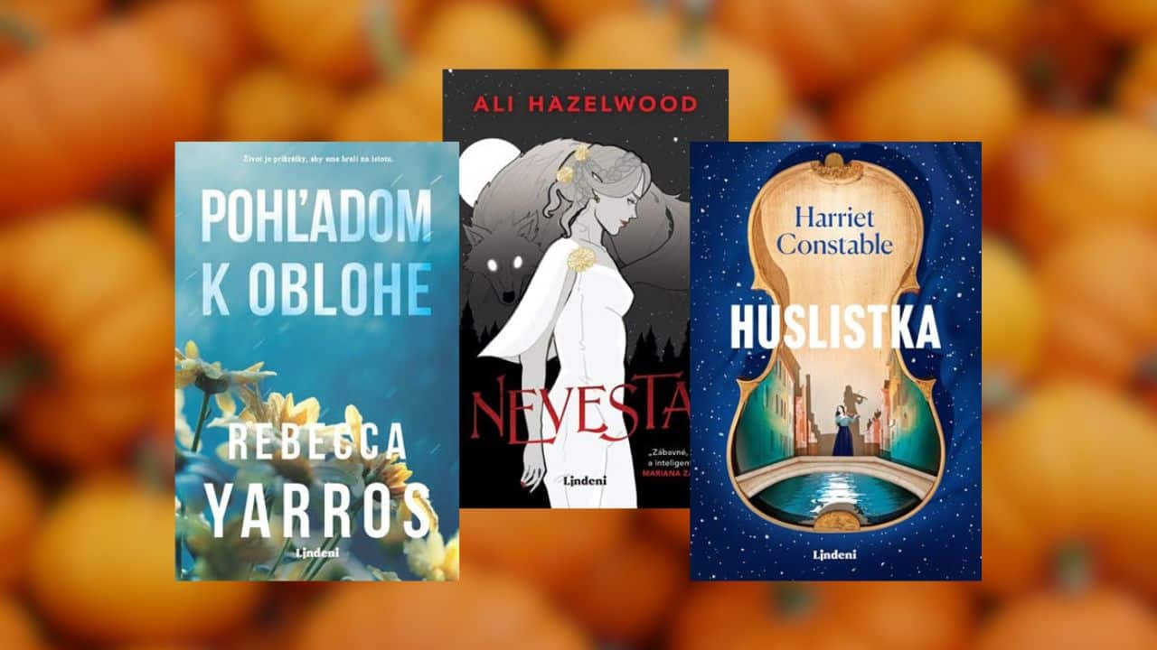 Obálky troch kníh: "Pohľadom k oblohe" od Rebeccy Yarros, "Nevesta" od Ali Hazelwood a "Huslistka" od Harriet Constable na jesennom pozadí.