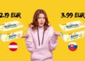 Žena v ružovej mikine, porovnávajúca ceny masla Rama v Rakúsku a na Slovensku, kde je maslo výrazne drahšie. Na ľavej strane je rakúske maslo za 2,19 EUR a na pravej strane slovenské za 3,99 EUR.