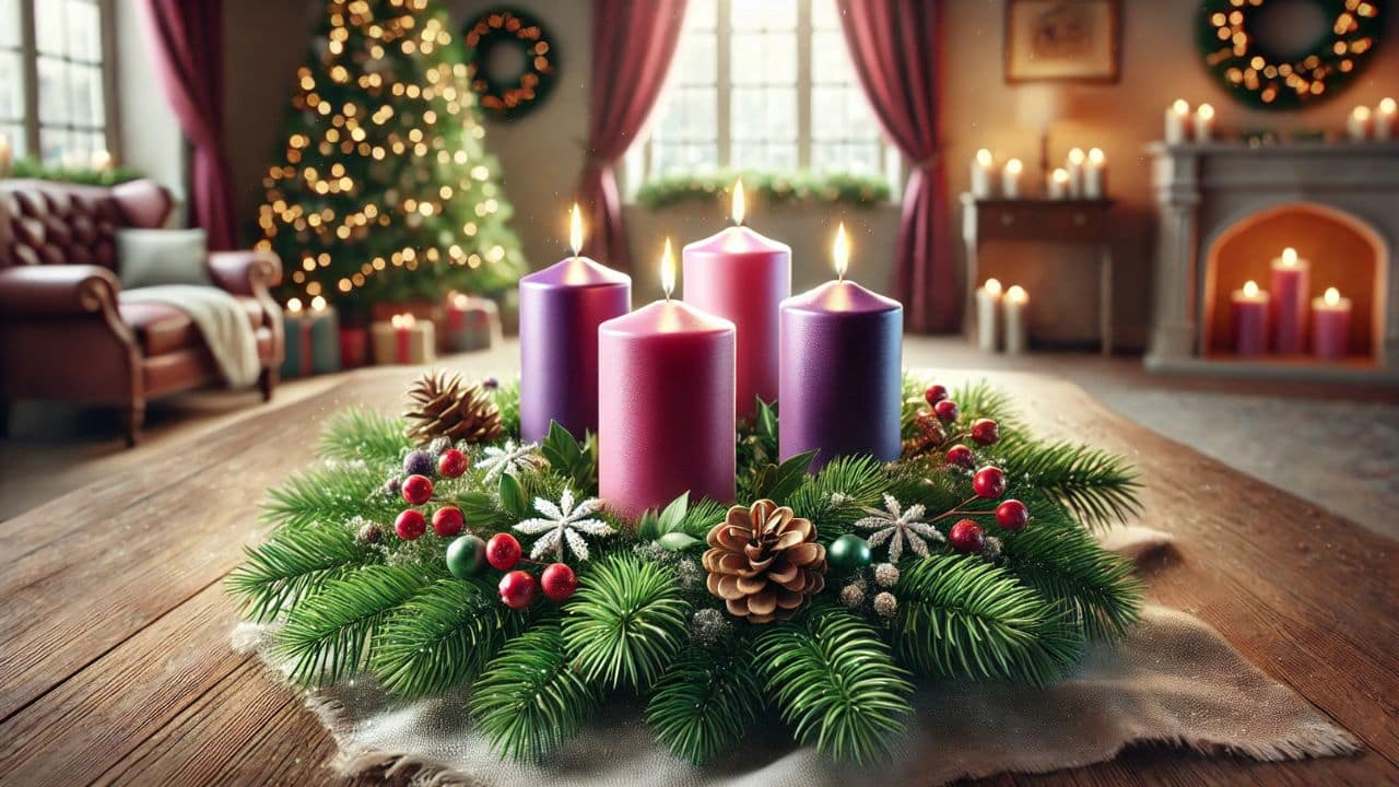 Adventný veniec s tromi fialovými a jednou ružovou sviečkou na drevenom stole, ozdobený zelenými vetvičkami, šiškami, červenými bobuľami a s jemným nádychom zimnej atmosféry, na pozadí vidno ozdobený vianočný stromček a útulný interiér.