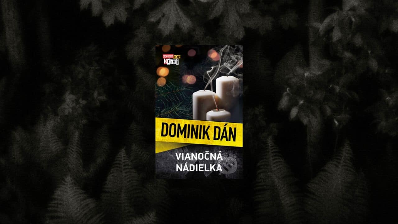 Obálka knihy Dominika Dána „Vianočná nádielka“ s bielymi sviečkami na tmavom pozadí.