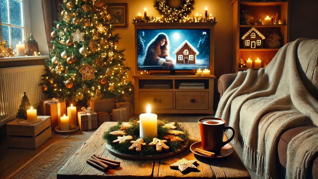 Útulná obývačka počas prvej adventnej nedele s adventným vencom so zapálenou sviečkou na stole, vianočným stromčekom 🎄 a šálkou horúcej čokolády 🍫.