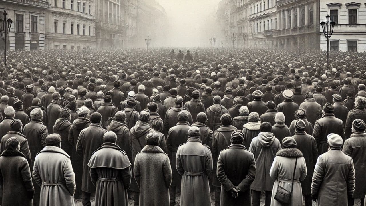 Čiernobiela fotografia veľkého davu ľudí počas Nežnej revolúcie v meste. Ľudia stoja v zimných kabátoch na ulici s historickými budovami, zachytení z pohľadu zozadu. Atmosféra je pokojná a historická.