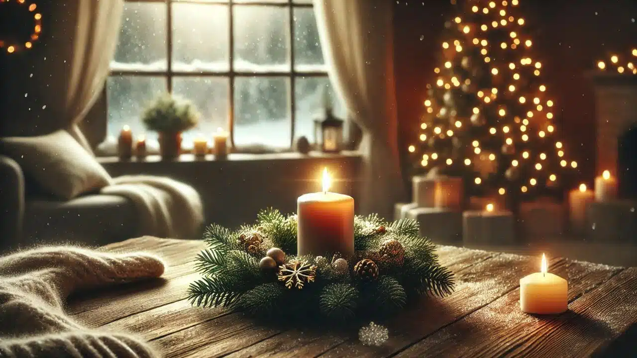 Adventný veniec so zapálenou sviečkou na drevenom stole, v pozadí útulná izba s vianočným stromčekom a sviečkami, za oknom zasnežená krajina.