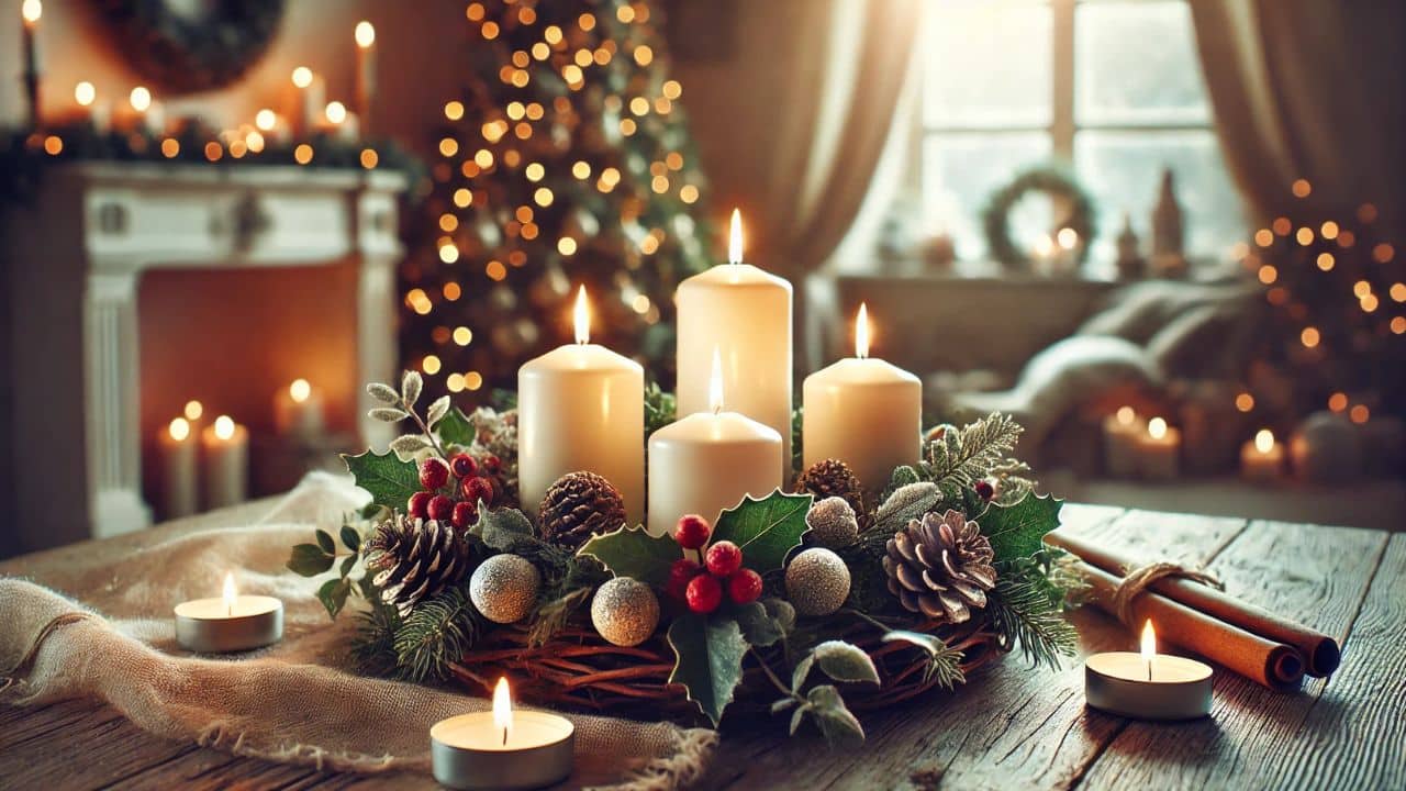 Adventný veniec s jednou zapálenou sviečkou, ozdobený šiškami, červenými bobuľami a vetvičkami na rustikálnom drevenom stole v útulnom sviatočnom prostredí.