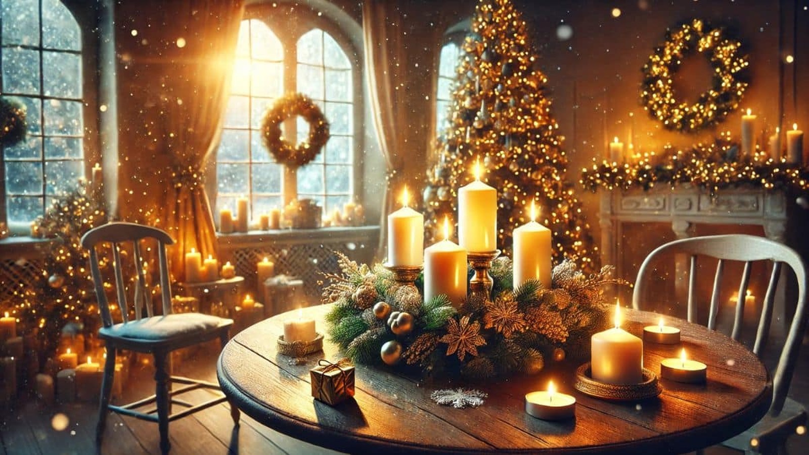 Adventný veniec so štyrmi sviečkami na stole, obklopený vianočnými dekoráciami, v pozadí vianočný stromček a zasnežené okno.
