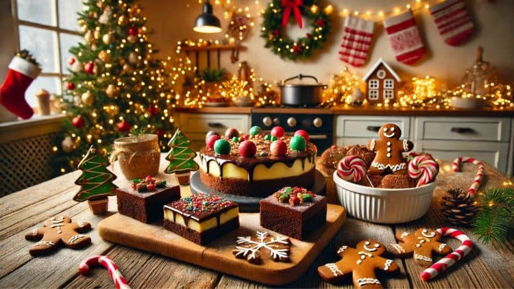 Kuchyňa so sviatočnou atmosférou, ozdobený vianočný stromček, stôl plný dezertov vyrobených z mikulášskych sladkostí, vrátane čokoládových brownies, zdobených perníkov a torty s čokoládovou polevou. 🎄🍫