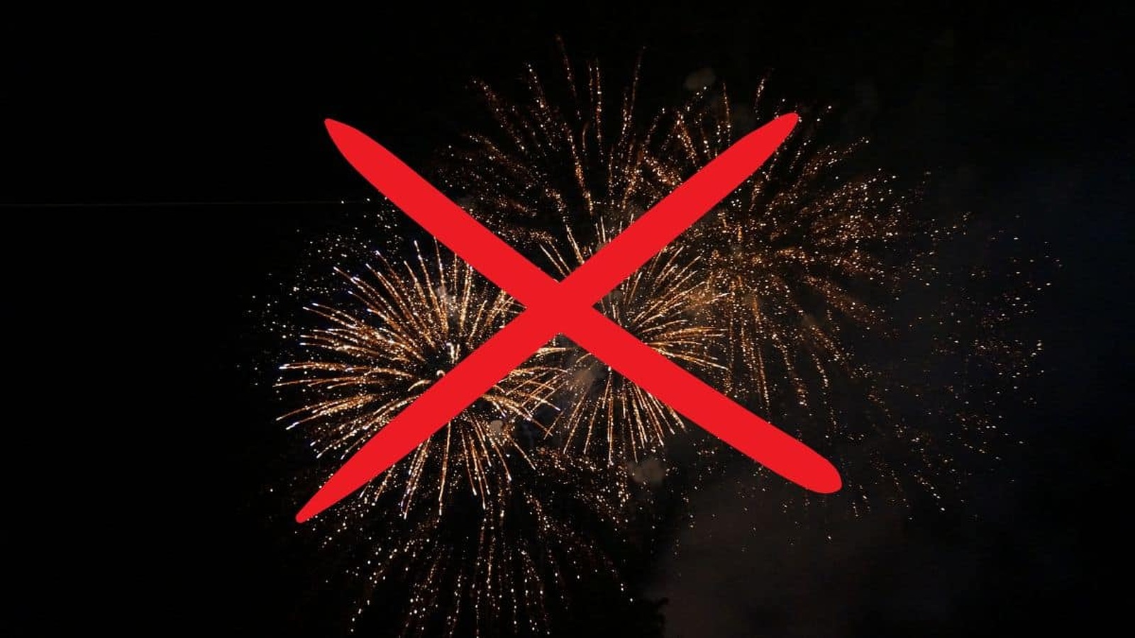 Ohňostroj preškrtnutý červeným krížom na tmavej nočnej oblohe, symbolizujúci zákaz pyrotechniky v Bratislave na Silvestra 2025.