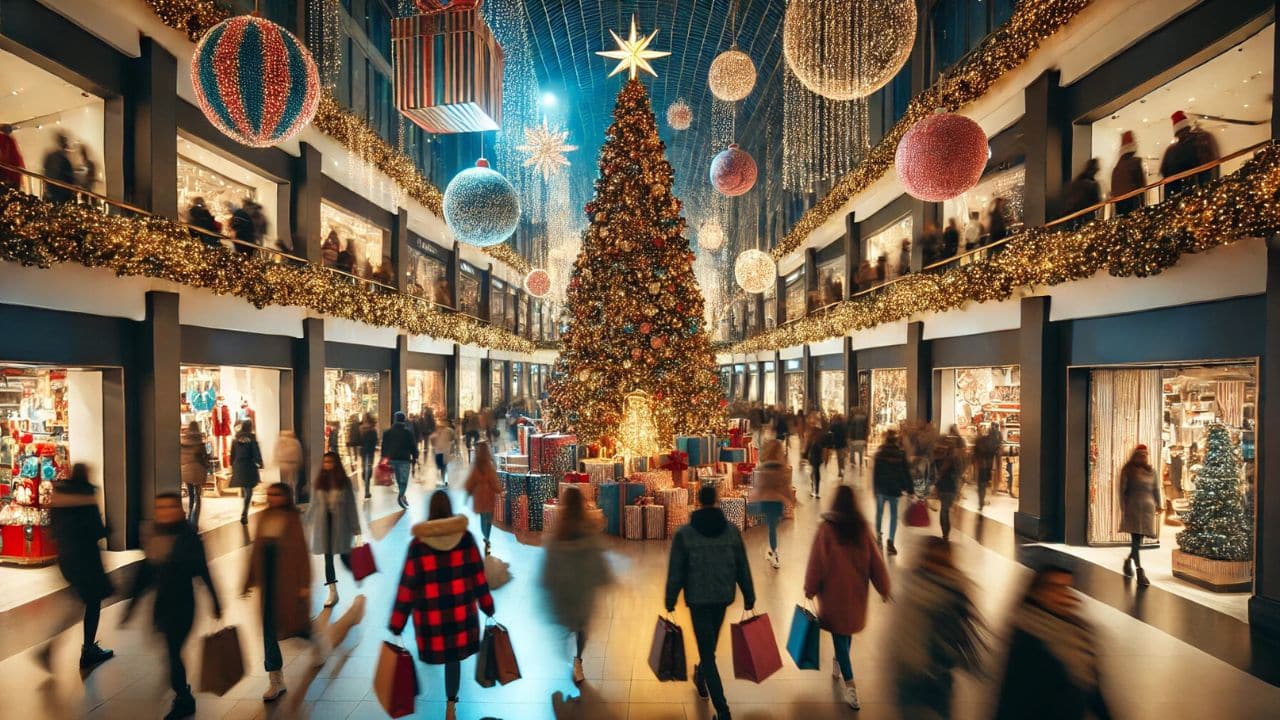Vianočne vyzdobené nákupné centrum s veľkým osvetleným stromčekom uprostred, ľudia nakupujú darčeky, sviatočná atmosféra. 🎄🎁