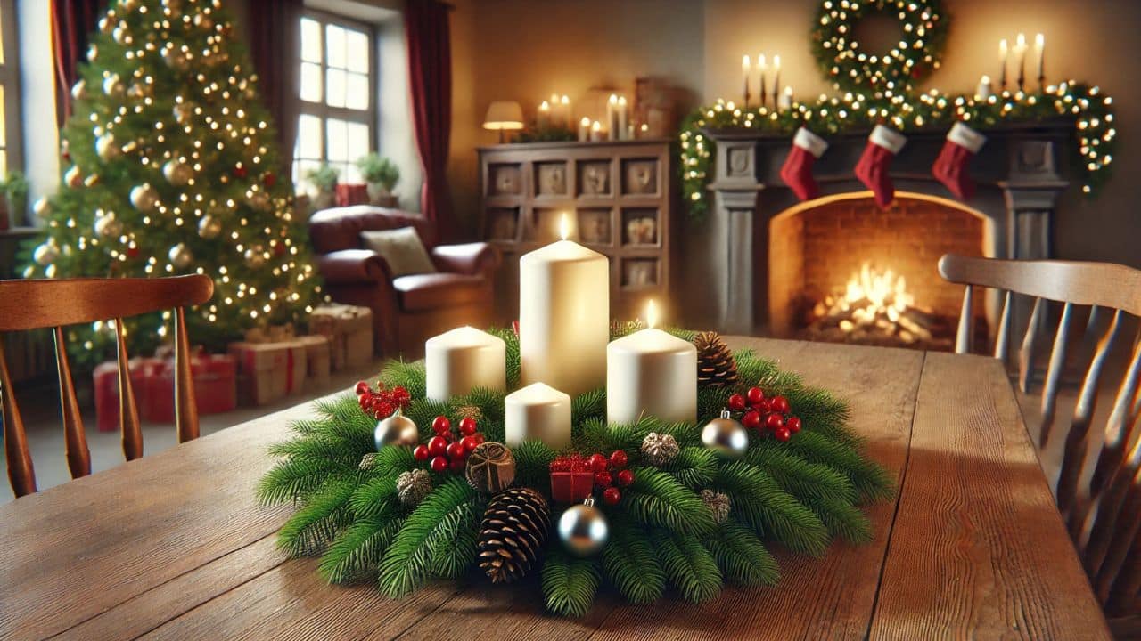 Adventný veniec na drevenom stole so štyrmi sviečkami, z ktorých dve horia, obklopený vianočnými dekoráciami, ako sú vetvičky ihličia, šišky a červené bobule. V pozadí je ozdobený vianočný stromček, krb s horiacim ohňom a vianočné ponožky.