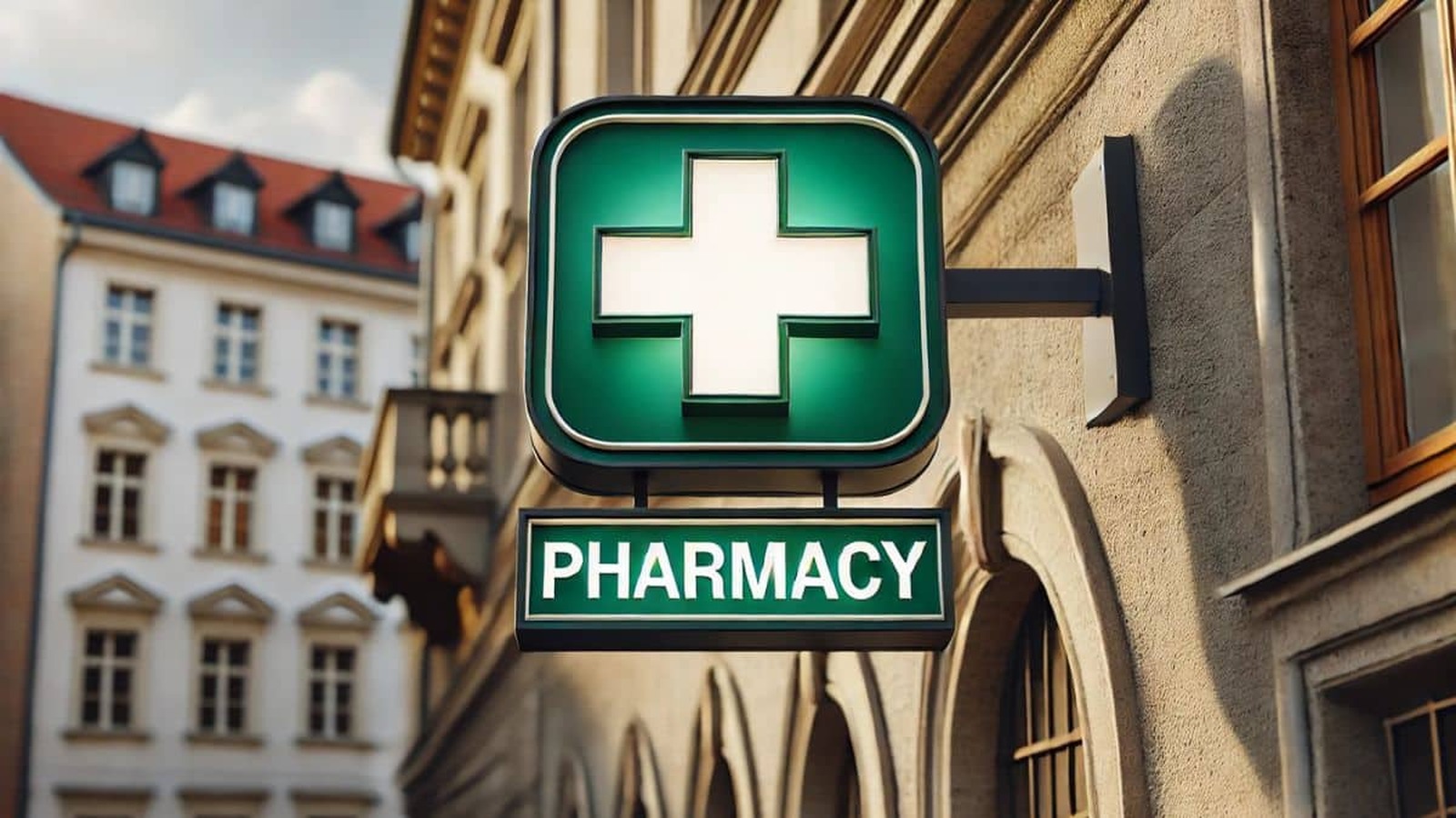 Zelená lekárenská tabuľka s bielym krížom a nápisom "Pharmacy" na budove v európskom štýle, za denného svetla.