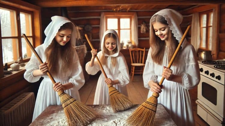 Tri ženy v bielych krojoch symbolizujúcich tradíciu Lucie, upratujú múkou zaprášený stôl v tradičnej drevenej chalúpke na vidieku.