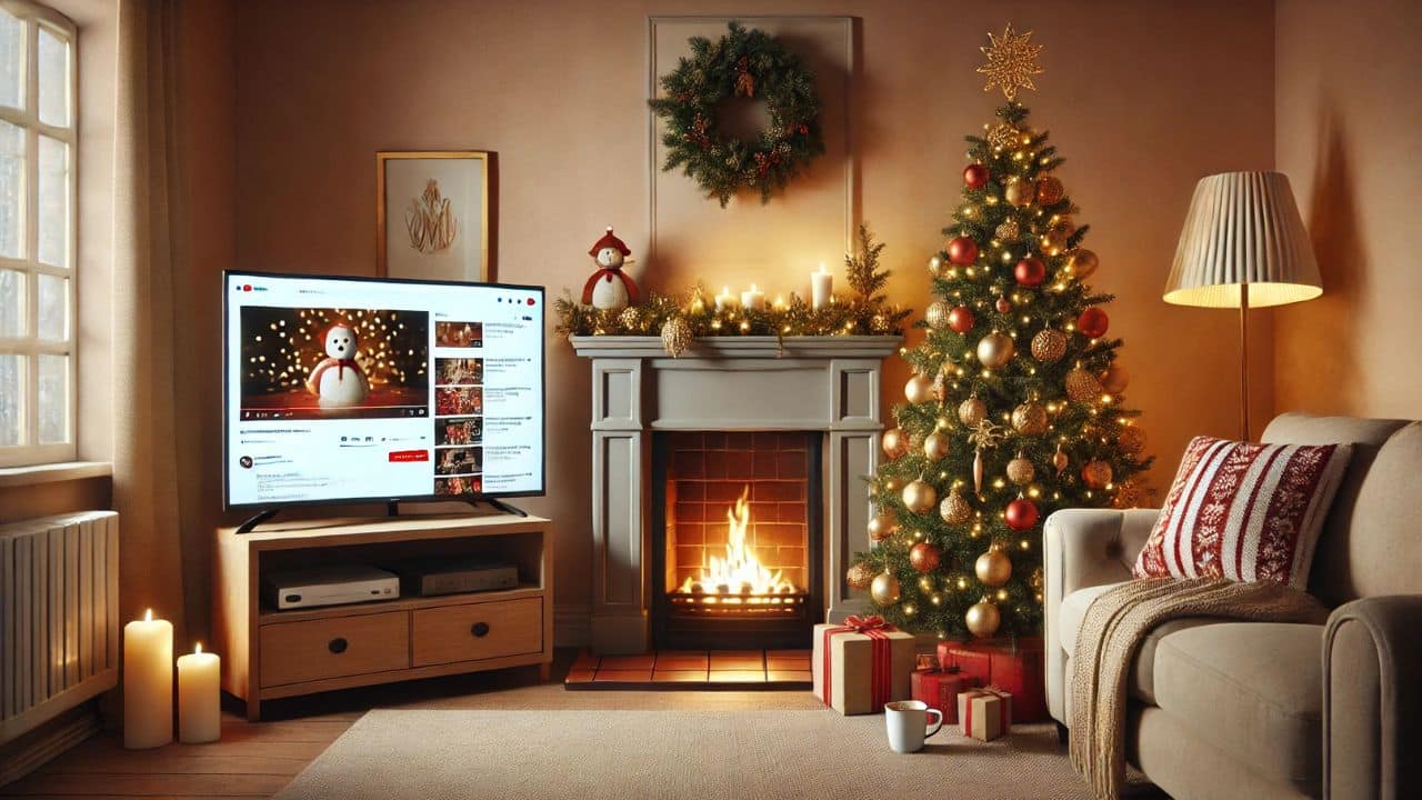 Vianočný interiér s útulným krbom, vianočným stromčekom ozdobeným zlatými a červenými guľami, televízorom s YouTube rozhraním a sviatočnou atmosférou.