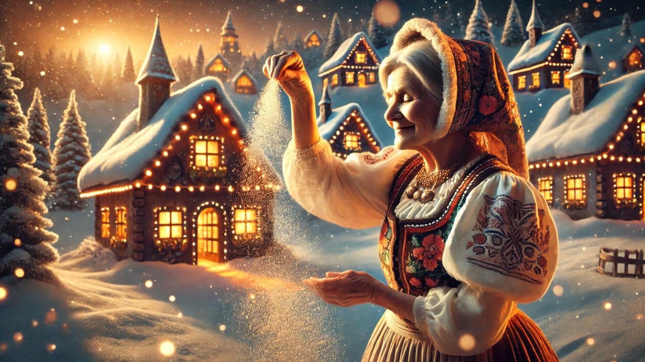 Perinbaba, staršia žena v tradičnom slovenskom kroji, s úsmevom sype sneh z ruky nad zasneženou dedinkou so svetielkami v oknách, ktorá vytvára čarovnú zimnú atmosféru.