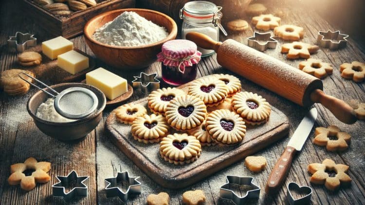 Rustikálny kuchynský stôl s ingredienciami na prípravu lineckých koláčikov – drevený valček, múka v miske, maslo, džem v pohári, formičky na koláčiky v tvare srdiečok a hviezd, a čerstvo upečené linecké koláčiky s cukrom.