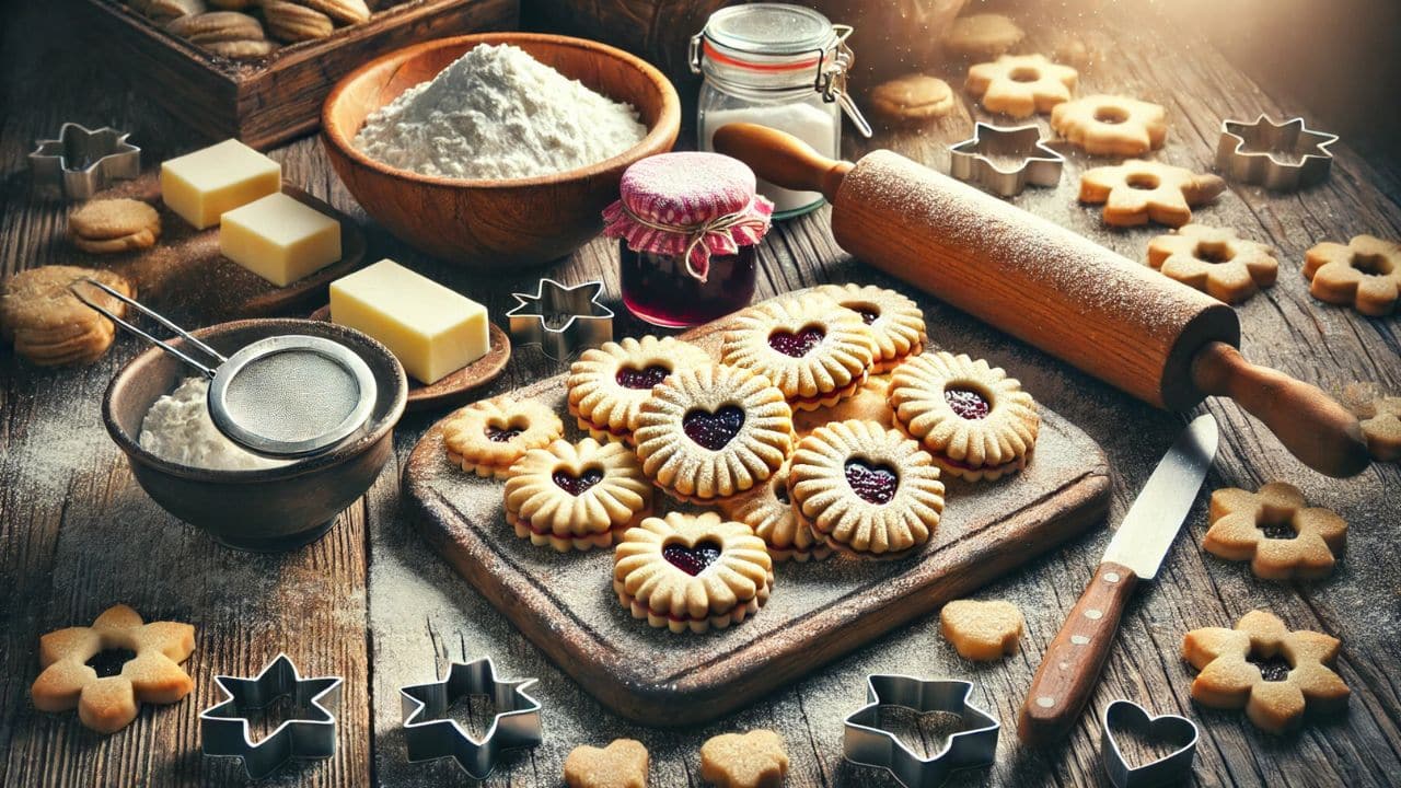 Rustikálny kuchynský stôl s ingredienciami na prípravu lineckých koláčikov – drevený valček, múka v miske, maslo, džem v pohári, formičky na koláčiky v tvare srdiečok a hviezd, a čerstvo upečené linecké koláčiky s cukrom.