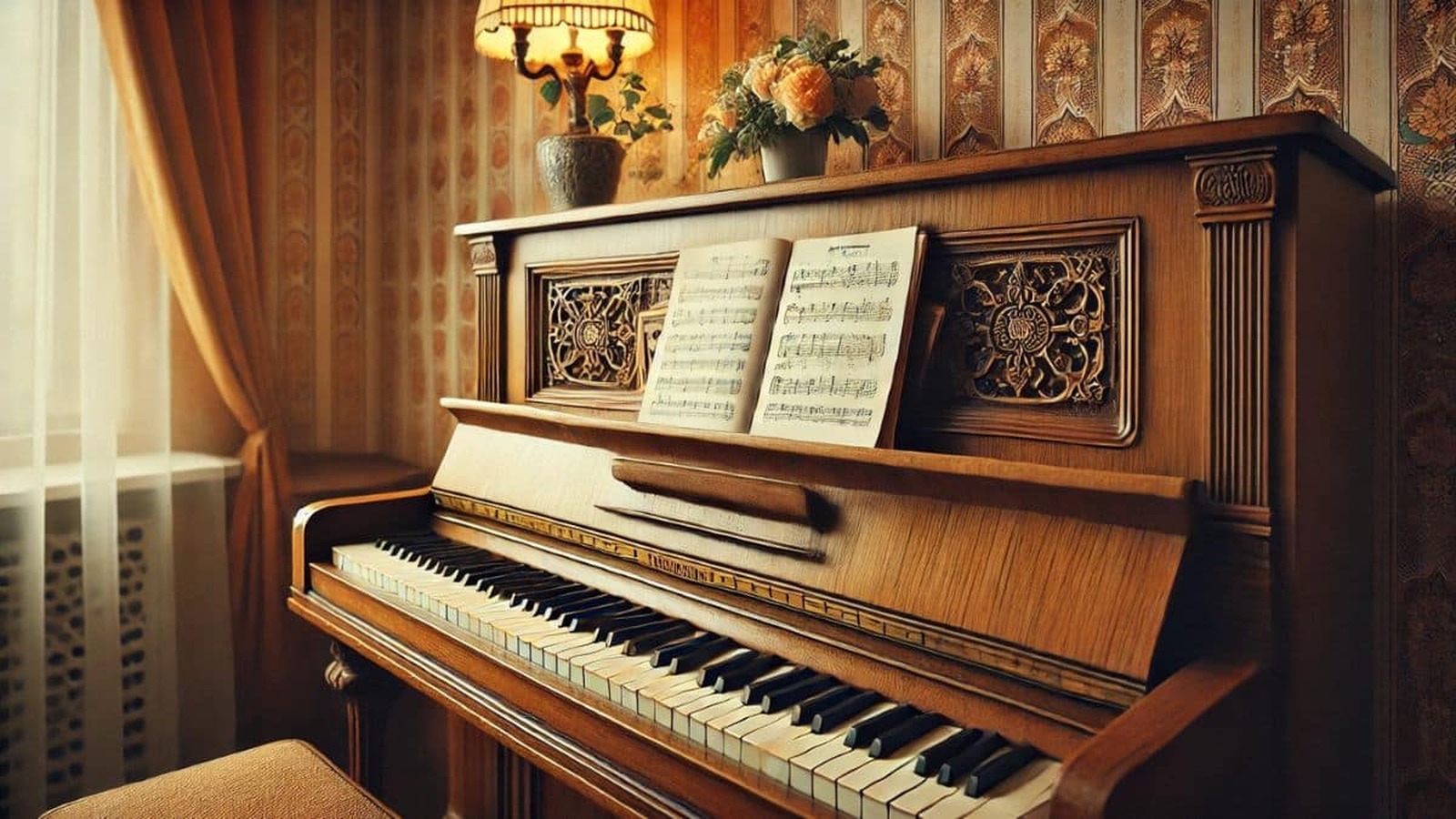 Detailný pohľad na starý drevený klavír s ozdobnými vyrezávanými detailmi a otvorenými notami, umiestnený v retro interiéri československého bytu s vintage tapetou a jemným osvetlením.