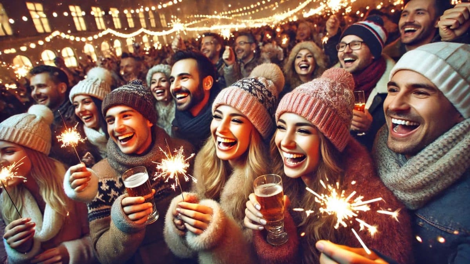 Skupina veselých ľudí oslavujúcich Silvester v zimnom prostredí, držiacich prskavky a poháre, s úsmevmi na tvárach a svetlami v pozadí.