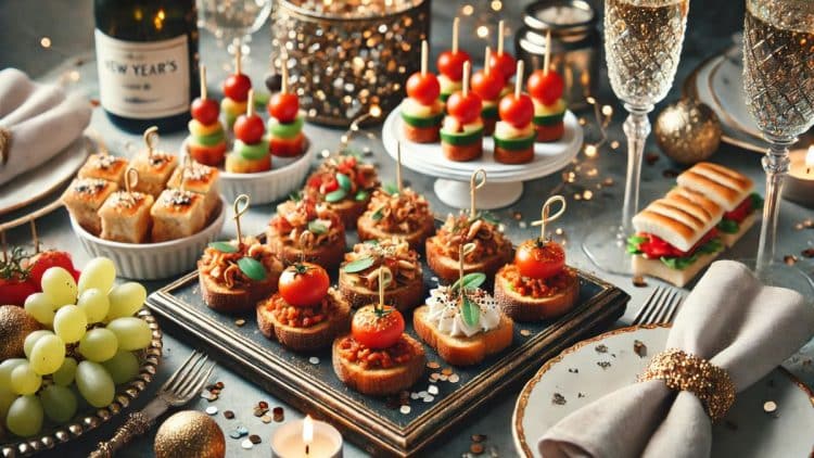 Detailný záber na elegantne prestretý stôl s rôznymi druhmi silvestrovských jednohubiek vrátane bruschett, mini špízov a ovocia, doplnený zlatými dekoráciami, konfetami a sviečkami.