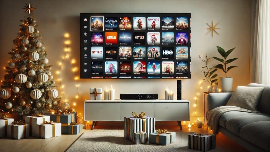 Minimalistická obývacia izba s moderným televízorom, na ktorom je zobrazený výber filmov a relácií pre silvestrovský večer. Prostredie je čisté, útulné a bez výrazných dekorácií.