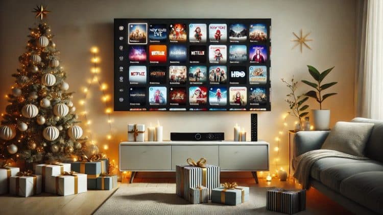 Minimalistická obývacia izba s moderným televízorom, na ktorom je zobrazený výber filmov a relácií pre silvestrovský večer. Prostredie je čisté, útulné a bez výrazných dekorácií.