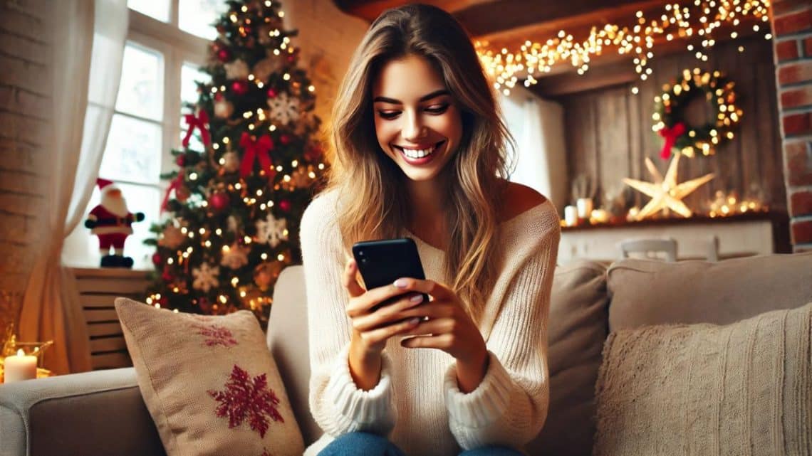 Žena v bielom svetri sedí na gauči a posiela SMS správy na mobilnom telefóne. Za ňou je ozdobený vianočný stromček, svietiace svetielka a sviatočná výzdoba v teplej a útulnej obývačke.