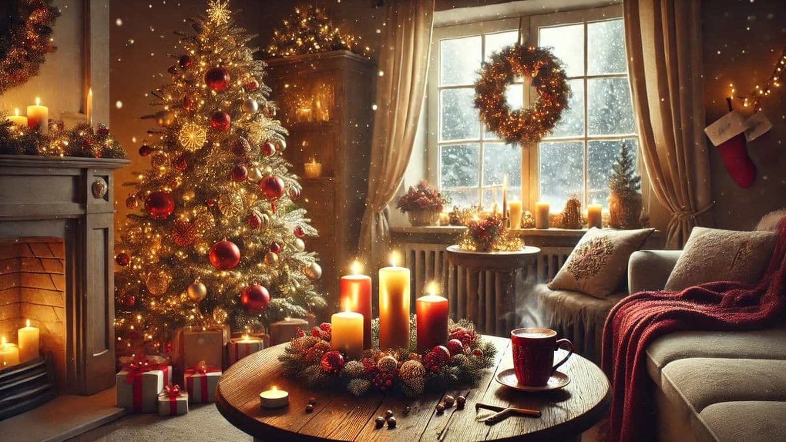 Adventná obývačka so sviečkami na adventnom venci, zdobeným vianočným stromčekom a zasneženým výhľadom z okna.