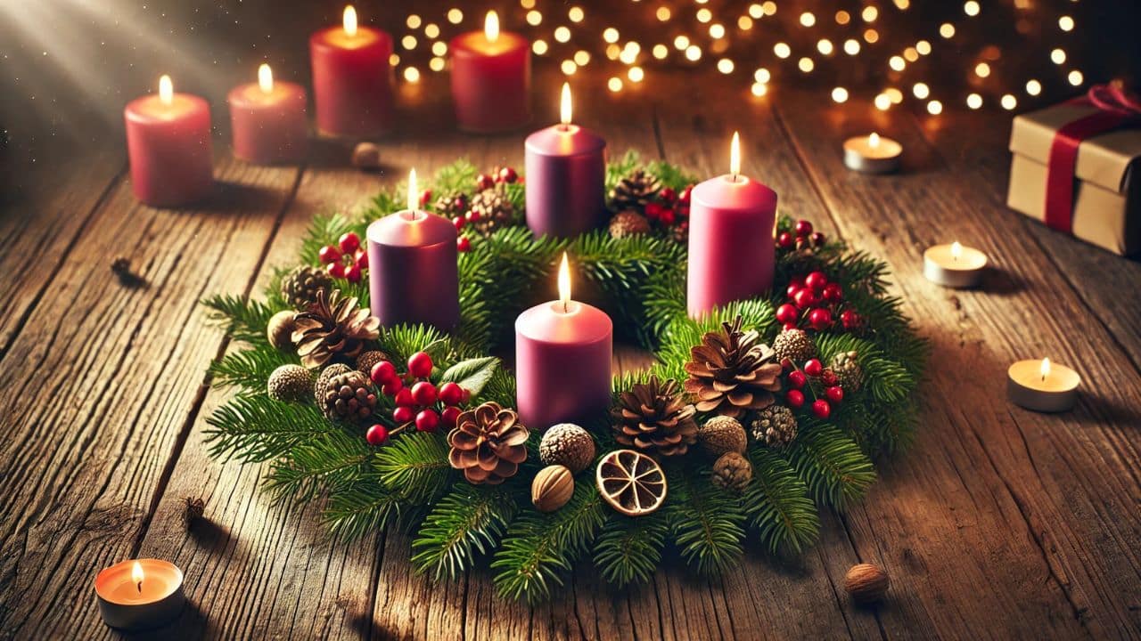 Adventný veniec na drevenom stole so štyrmi sviečkami, z ktorých tri sú fialové a jedna ružová, obklopený vetvičkami, šiškami a červenými bobuľami, s jemným svetlom a sviatočnou atmosférou v pozadí.