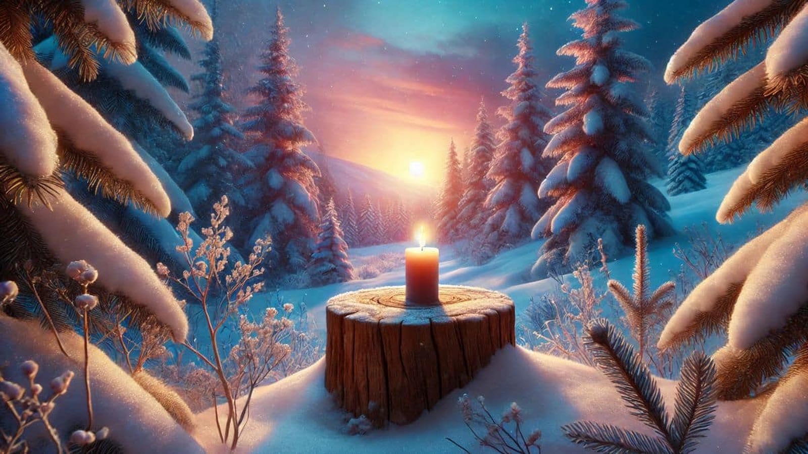 Zimný slnovrat – zasnežená krajina pri východe slnka, s horiacej sviečkou na pni uprostred lesa, symbolizujúca svetlo a nádej. ❄️🕯️