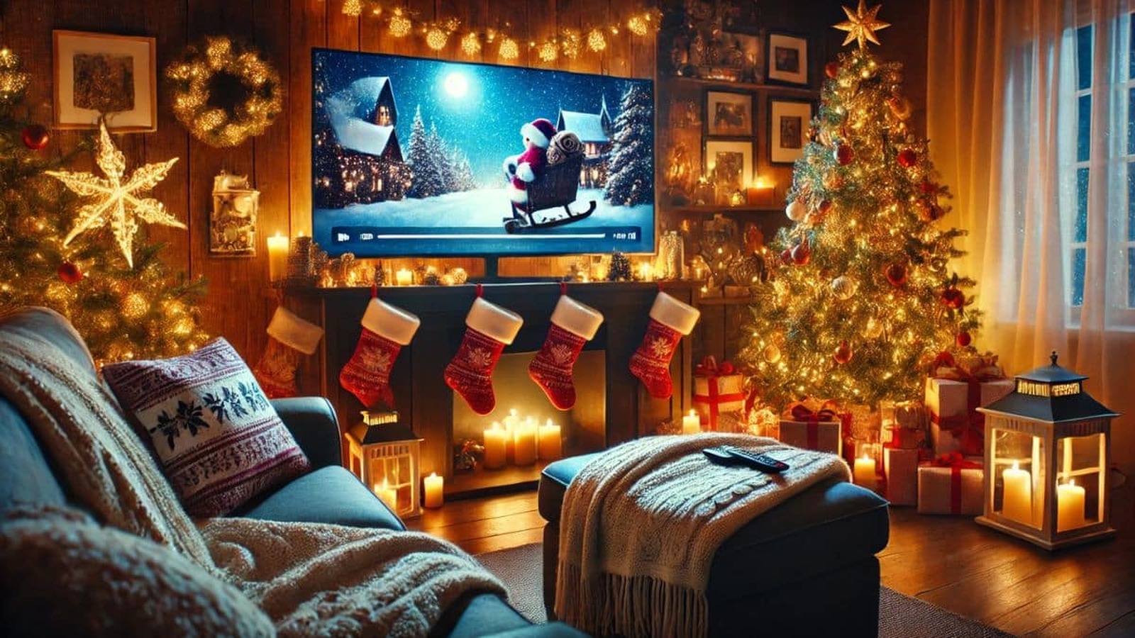 Útulná obývačka s vianočnou výzdobou, ozdobeným stromčekom, horiacimi sviečkami, darčekmi pod stromčekom a televízorom, na ktorom beží sviatočný film.