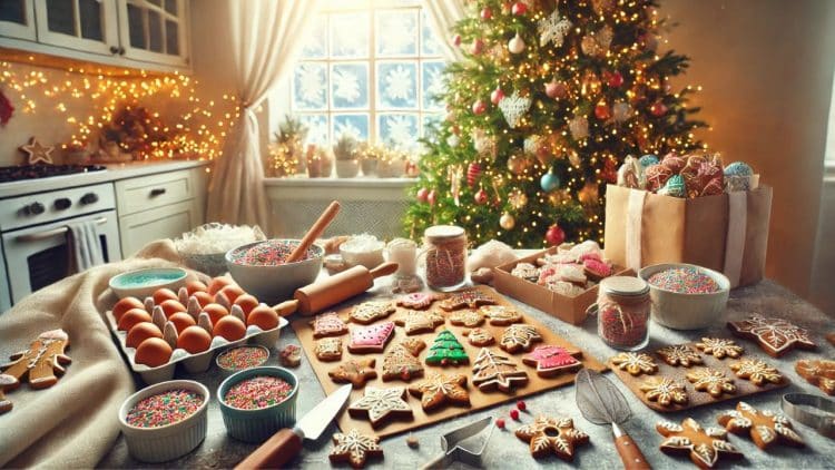 Vianočná kuchyňa plná medovníkov, ozdobených cukrovou polevou, sprinkles a ďalšími dekoráciami. Na stole sú formičky, valček, vajíčka a v pozadí je krásne zdobený vianočný stromček a zasnežené okno.