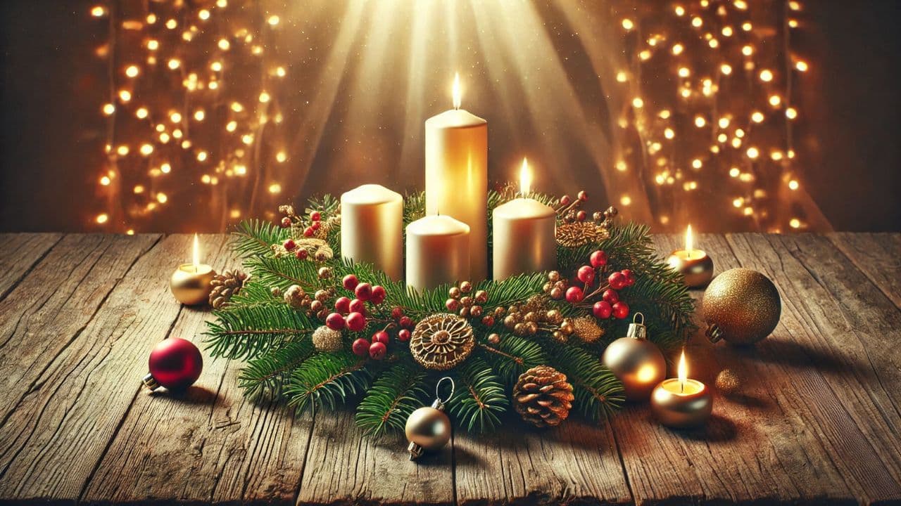 Adventný veniec so štyrmi sviečkami, z ktorých dve sú zapálené, symbolizujúce druhú adventnú nedeľu. Veniec je zdobený zelenými vetvičkami, červenými bobuľami, zlatými guľami a šiškami, umiestnený na drevenom stole s pozadím vianočných svetiel.