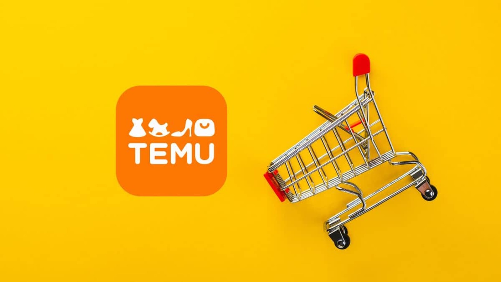Malý nákupný vozík na žltom pozadí vedľa loga online platformy Temu.
