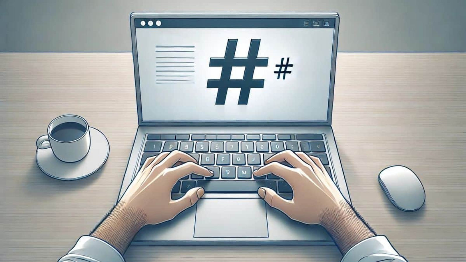 Ilustrácia človeka píšuceho na modernom notebooku, zameraná na symbol hashtag (#) na klávesnici. Vedľa notebooku je šálka kávy a myš, prostredie je minimalistické a čisté.