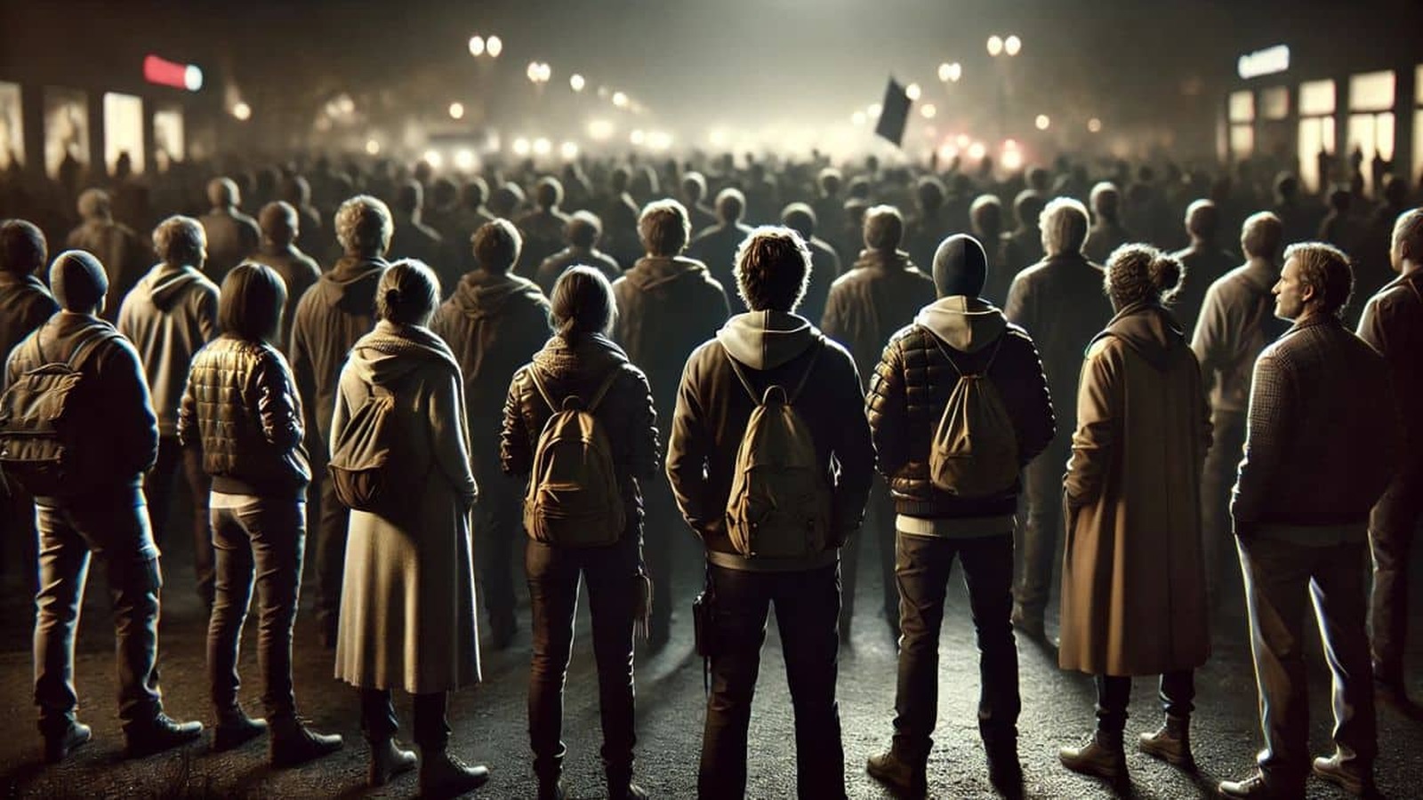 Večerný pohľad na pokojný protest, zobrazený zozadu. Ľudia v dave sú oblečení v bundách a kabátoch, mnohí majú batohy. Atmosféra je pokojná, s náznakmi solidarity a jednoty v osvetlenom mestskom prostredí.