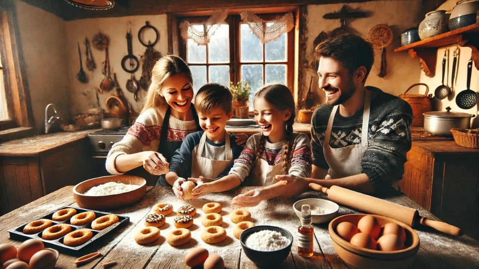 Rodina v tradičnej slovenskej kuchyni spolu pripravuje Fašiangové šišky. Matka a deti sa usmievajú a spoločne tvarujú cesto, obklopení ingredienciami na drevenom stole.