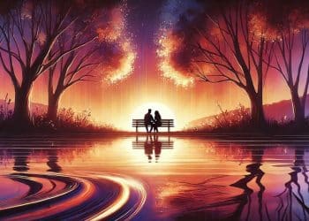 Romantická ilustrácia západu slnka pri jazere, pár sediaci na lavičke držiaci sa za ruky, obklopený žiarivými farbami oranžovej, ružovej a fialovej, jemné vlnky na vode odrážajú západ slnka, silueta stromov vytvára harmonickú scénu.