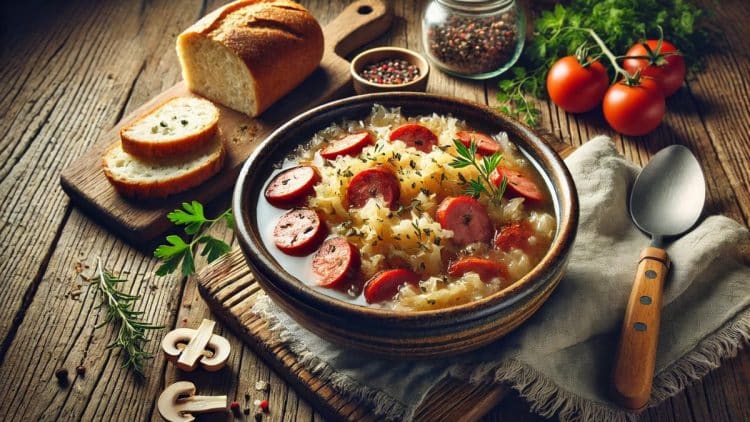 Tradičná slovenská kapustnica servírovaná v keramickej miske na rustikálnom drevenom stole s kúskami údenej klobásy, kyslou kapustou a čerstvým bylinkovým zdobením. Vedľa je čerstvý chlieb, bylinky a ingrediencie.