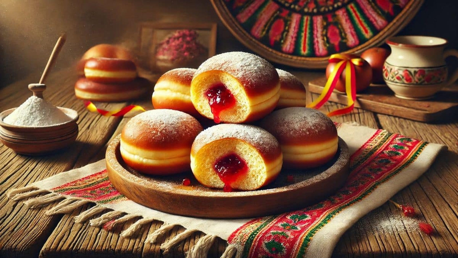 Tradičné fašiangové šišky plnené džemom, posypané práškovým cukrom, na drevenom tanieri s folklórnym prestieraním, v pozadí veľkonočné dekorácie.