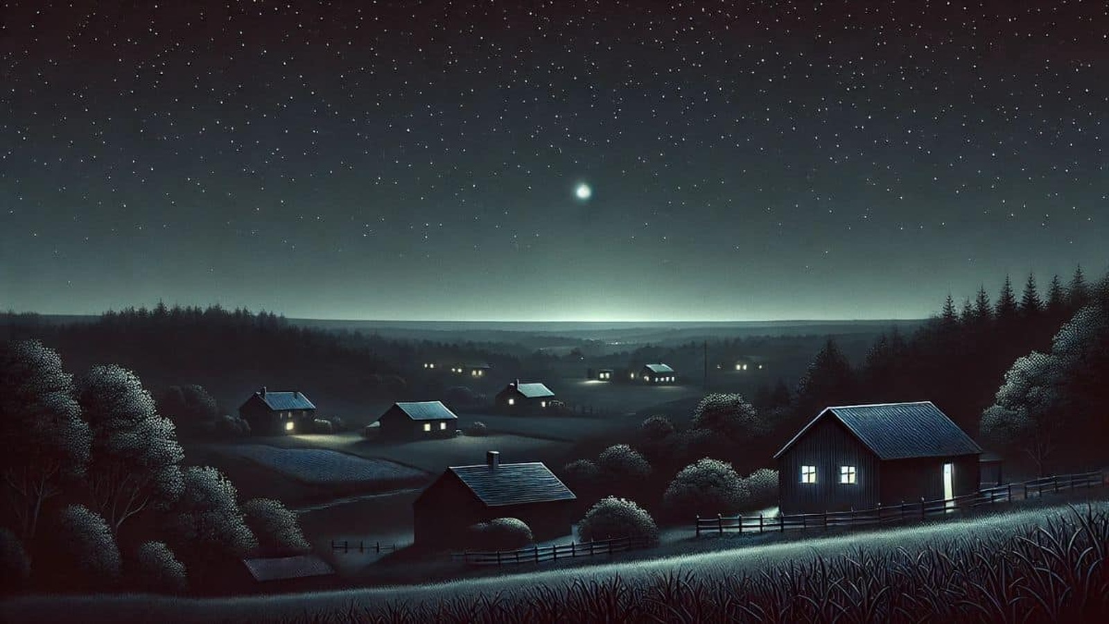 Nočná obloha nad pokojnou dedinkou, s rozsvietenými oknami domov a jednou jasnou hviezdou symbolizujúcou Venušu. Tmavá, pokojná atmosféra vidieckeho prostredia.