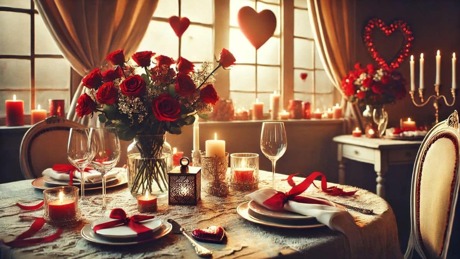 Romanticky prestretý stôl na Valentína so sviečkami, kyticou červených ruží a elegantným riadom v útulnom a teplom prostredí.