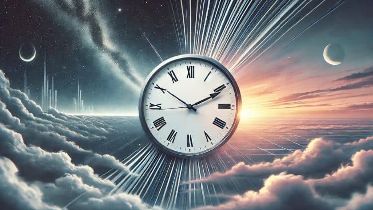 Analógové hodiny znázorňujúce zmenu času, obklopené oblakmi, nočnou oblohou s hviezdami a vychádzajúcim slnkom na horizonte, symbolizujúcim prechod medzi nocou a dňom.