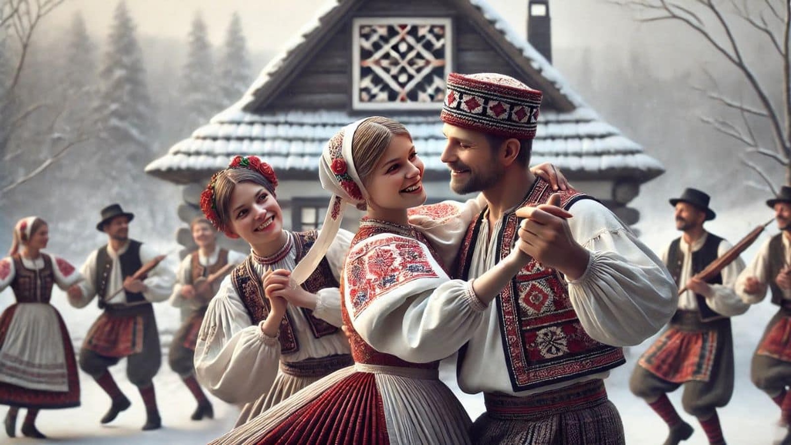 Skupina ľudí v tradičných slovenských krojoch oslavuje Fašiangy. Muž a žena tancujú pred zasneženým domom, obklopení ďalšími oslavujúcimi.