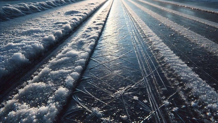 Detailný pohľad na zamrznutý chodník pokrytý tenkou vrstvou ľadu a snehu, ktorý odráža svetlo. Povrch je klzký a zradný, vytvárajúci nebezpečné podmienky pre chodcov.