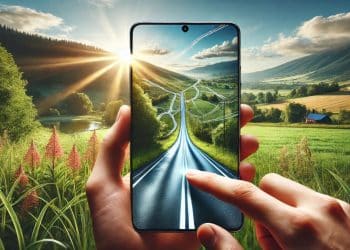 Osoba používa mobilný telefón s detailnou mapou offline navigácie, na pozadí sa nachádza pokojná vidiecka cesta so stromami a kopcami.