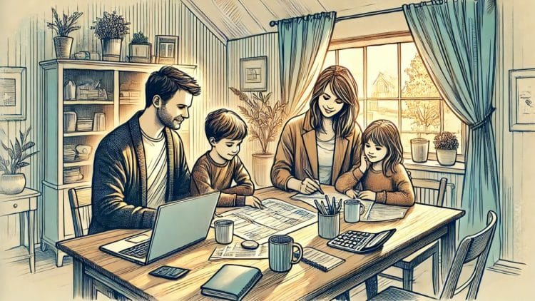 Ilustrácia rodiny sediacej pri stole v útulnej izbe, plánujúcej rozpočet. Rodičia a dve deti pracujú s notebookom, kalkulačkou a poznámkami, pričom svetlo preniká cez veľké okno, dotvárajúc príjemnú atmosféru.